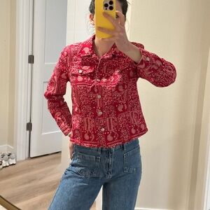 Red Bandana Paisley Denim Shirt Fitted Western Top Coastal Cowgirl S